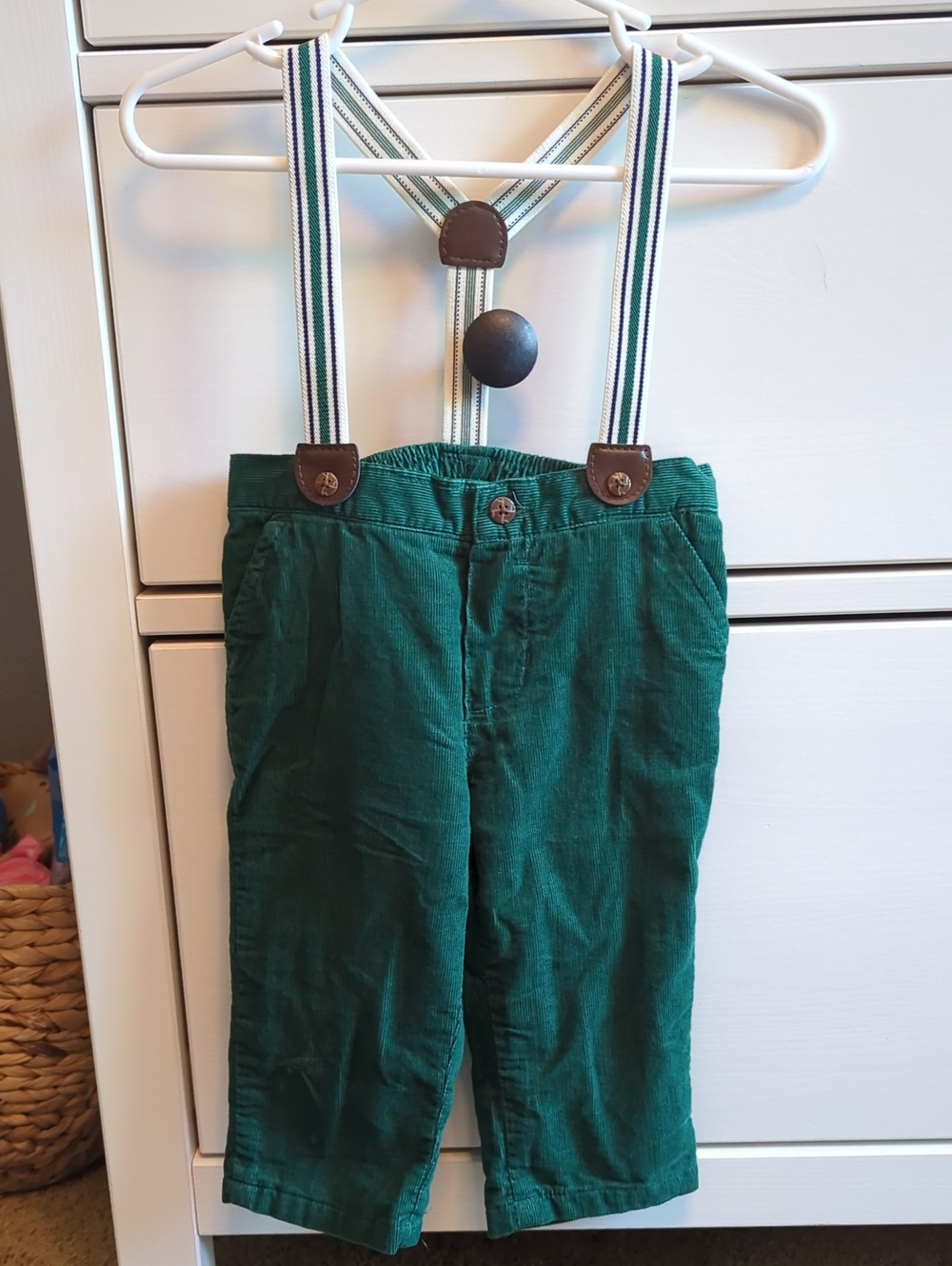 Janie & Jack Green Corduroy Kids Pants with Striped Suspenders